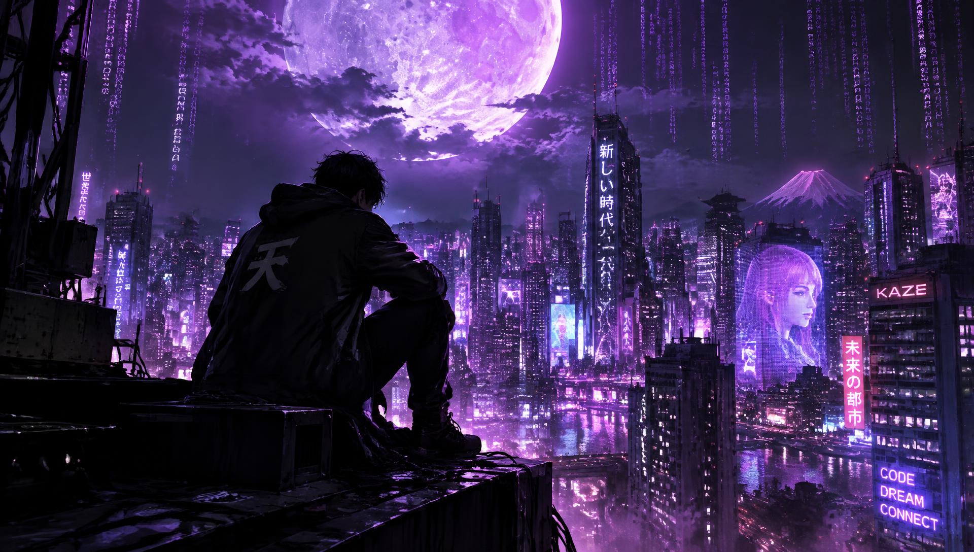Hacker on a neon rooftop under a violet moon